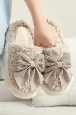 Best Dear-Lover Contrast Bowknot Applique Plush Winter Slippers (Bow Colors May Differ by Batch) Camel