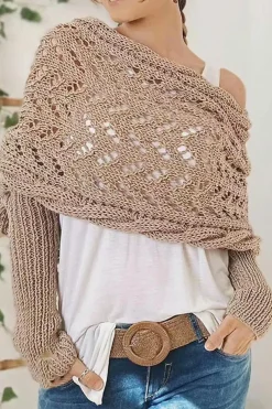 Outlet Dear-Lover Cross Detail Hollowed Knit Scarf with Sleeves Camel