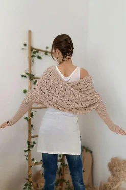 Outlet Dear-Lover Cross Detail Hollowed Knit Scarf with Sleeves Camel