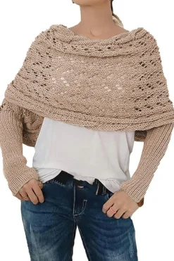 Outlet Dear-Lover Cross Detail Hollowed Knit Scarf with Sleeves Camel