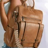 Hot Dear-Lover Embroidered Strap Attached Large PU Leather Backpack Camel