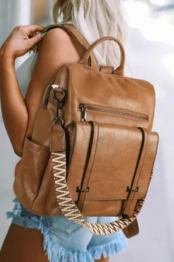 Hot Dear-Lover Embroidered Strap Attached Large PU Leather Backpack Camel