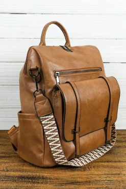 Hot Dear-Lover Embroidered Strap Attached Large PU Leather Backpack Camel