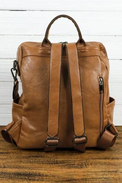 Hot Dear-Lover Embroidered Strap Attached Large PU Leather Backpack Camel