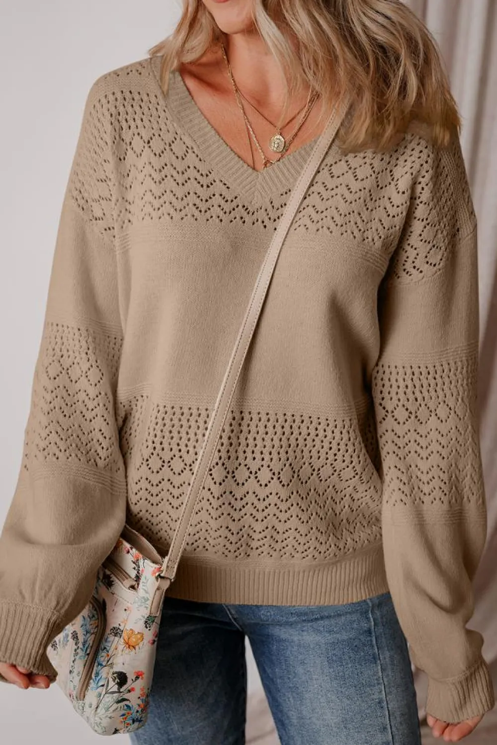 Fashion Dear-Lover Eyelet Pattern Detail V Neck Drop Shoulder Sweater Camel