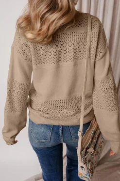 Fashion Dear-Lover Eyelet Pattern Detail V Neck Drop Shoulder Sweater Camel