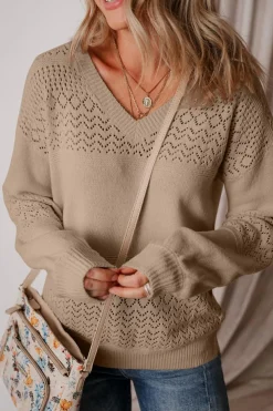 Fashion Dear-Lover Eyelet Pattern Detail V Neck Drop Shoulder Sweater Camel