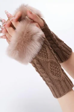 Hot Dear-Lover Faux Fur Detail Fingerless Textured Knitted Gloves Camel