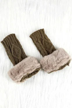 Hot Dear-Lover Faux Fur Detail Fingerless Textured Knitted Gloves Camel