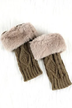 Hot Dear-Lover Faux Fur Detail Fingerless Textured Knitted Gloves Camel