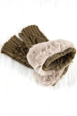 Hot Dear-Lover Faux Fur Detail Fingerless Textured Knitted Gloves Camel