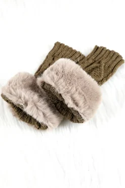 Hot Dear-Lover Faux Fur Detail Fingerless Textured Knitted Gloves Camel