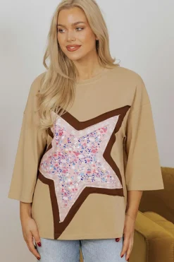 Online Dear-Lover Floral Star Patchwork 3/4 Long Sleeve Top Camel