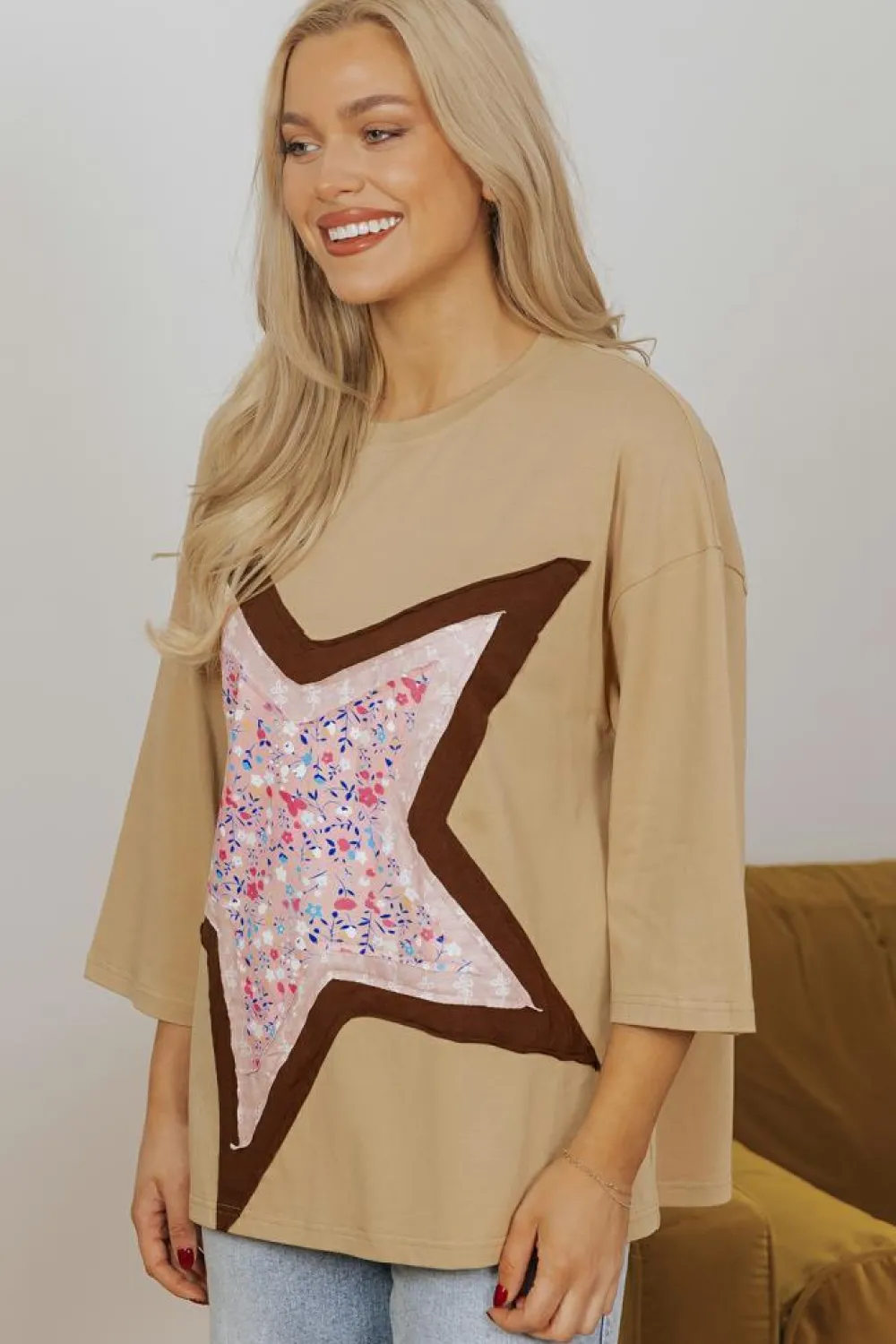 Online Dear-Lover Floral Star Patchwork 3/4 Long Sleeve Top Camel