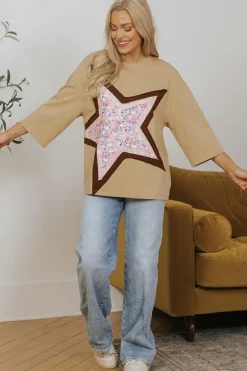 Online Dear-Lover Floral Star Patchwork 3/4 Long Sleeve Top Camel
