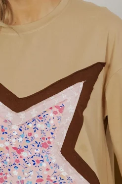 Online Dear-Lover Floral Star Patchwork 3/4 Long Sleeve Top Camel