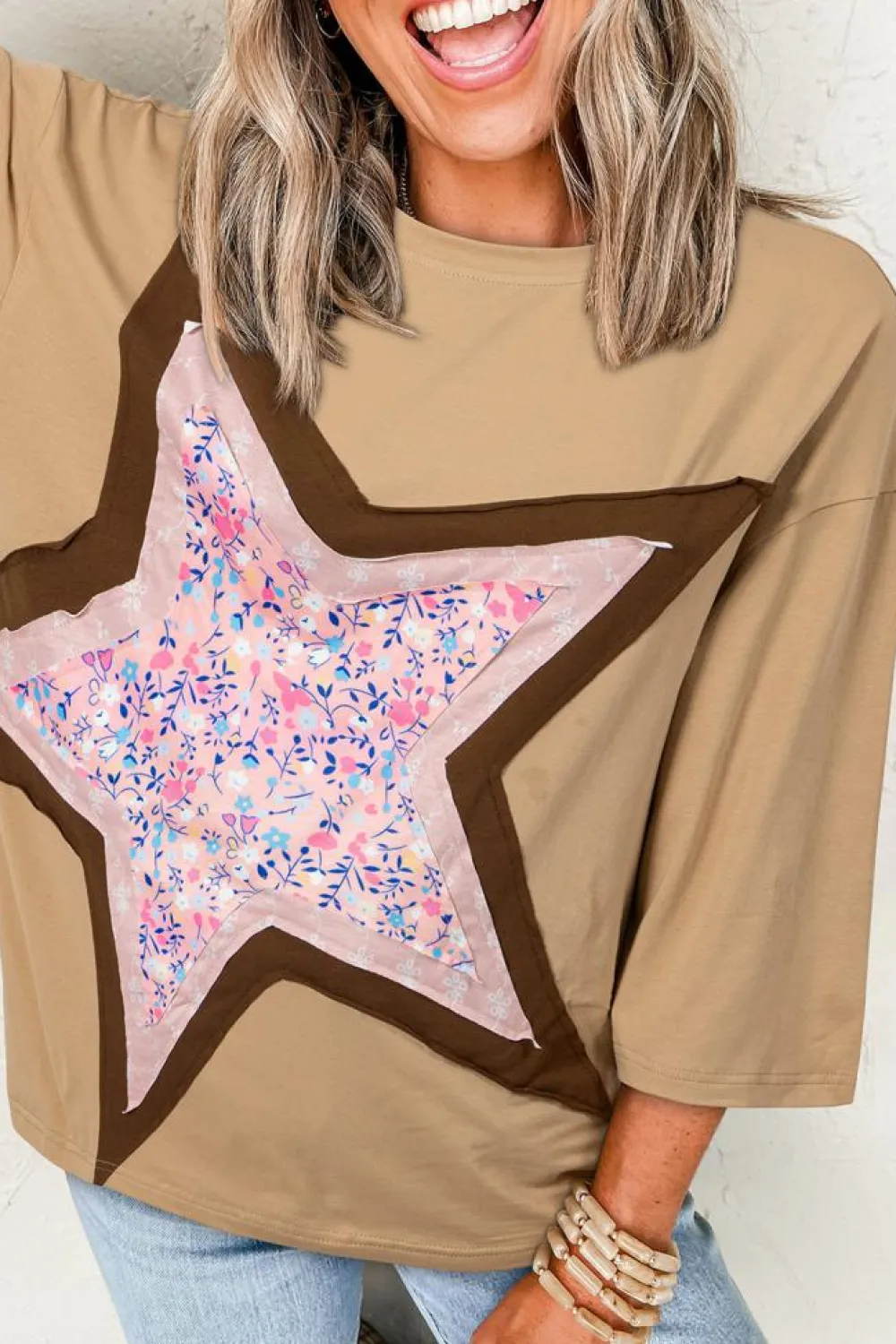 Online Dear-Lover Floral Star Patchwork 3/4 Long Sleeve Top Camel