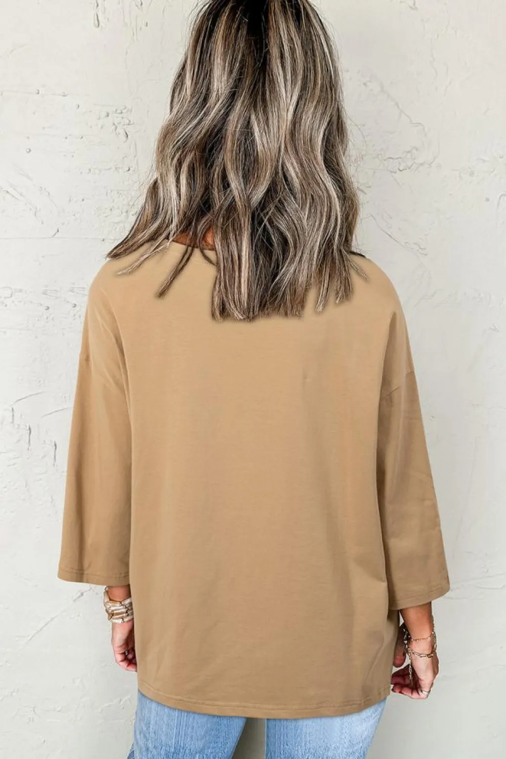 Online Dear-Lover Floral Star Patchwork 3/4 Long Sleeve Top Camel