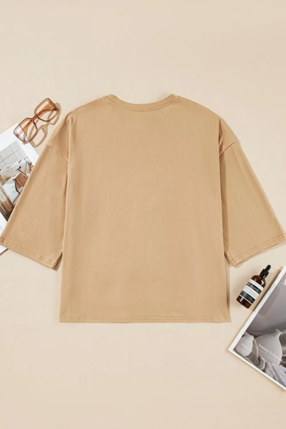 Online Dear-Lover Floral Star Patchwork 3/4 Long Sleeve Top Camel