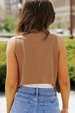 New Dear-Lover Fringed Snap Button Front Suedette Vest Camel
