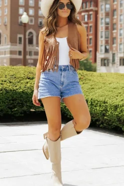 New Dear-Lover Fringed Snap Button Front Suedette Vest Camel