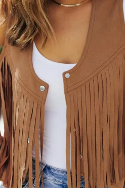 New Dear-Lover Fringed Snap Button Front Suedette Vest Camel