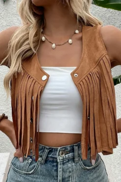 New Dear-Lover Fringed Snap Button Front Suedette Vest Camel