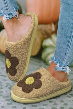 Clearance Dear-Lover Fuzzy Flower Pattern Homewear Slippers Camel
