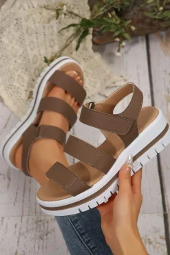 Hot Dear-Lover Hollow Out Buckle PU Leather Platform Sandals Camel