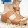Hot Dear-Lover Hollow Out Zipped Studded Wedge Slippers Camel