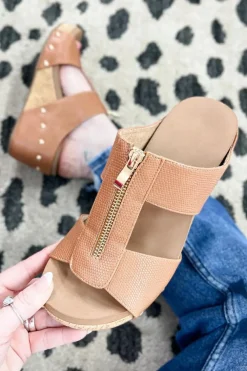 Hot Dear-Lover Hollow Out Zipped Studded Wedge Slippers Camel
