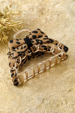 Clearance Dear-Lover Leopard Print Bow Decor Alloy Hair Claw Clip Camel