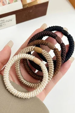 Fashion Dear-Lover 5Pcs Solid High Elastic Hair Tie Camel