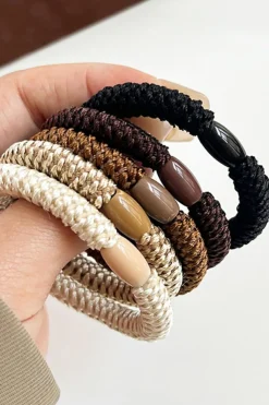 Fashion Dear-Lover 5Pcs Solid High Elastic Hair Tie Camel