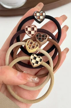 Sale Dear-Lover 5pcs/set Checkered Heart Decor High Elastic Hair Tie Camel