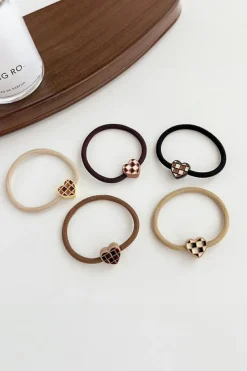 Sale Dear-Lover 5pcs/set Checkered Heart Decor High Elastic Hair Tie Camel