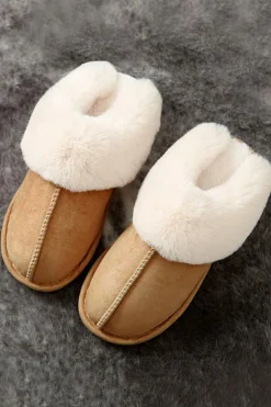 Clearance Dear-Lover Plush Suede Winter Home Slippers Camel