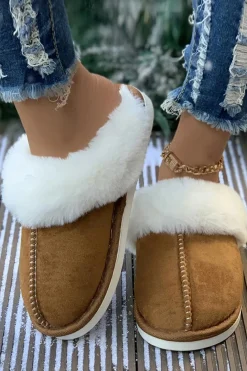 Clearance Dear-Lover Plush Suede Winter Home Slippers Camel