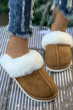 Clearance Dear-Lover Plush Suede Winter Home Slippers Camel
