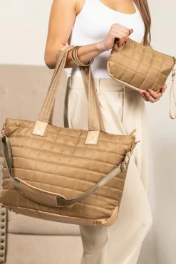 Hot Dear-Lover Quiled Patchwork Large Tote Bag and Clutch 2pcs Set Camel