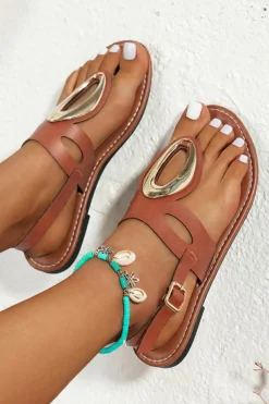 Online Dear-Lover Retro Hollow Out Open Toe Leather Sandals Camel