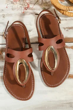 Online Dear-Lover Retro Hollow Out Open Toe Leather Sandals Camel