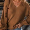 Best Dear-Lover Ribbed Knit Drop Sleeve V Neck Loose Fit Sweater Camel