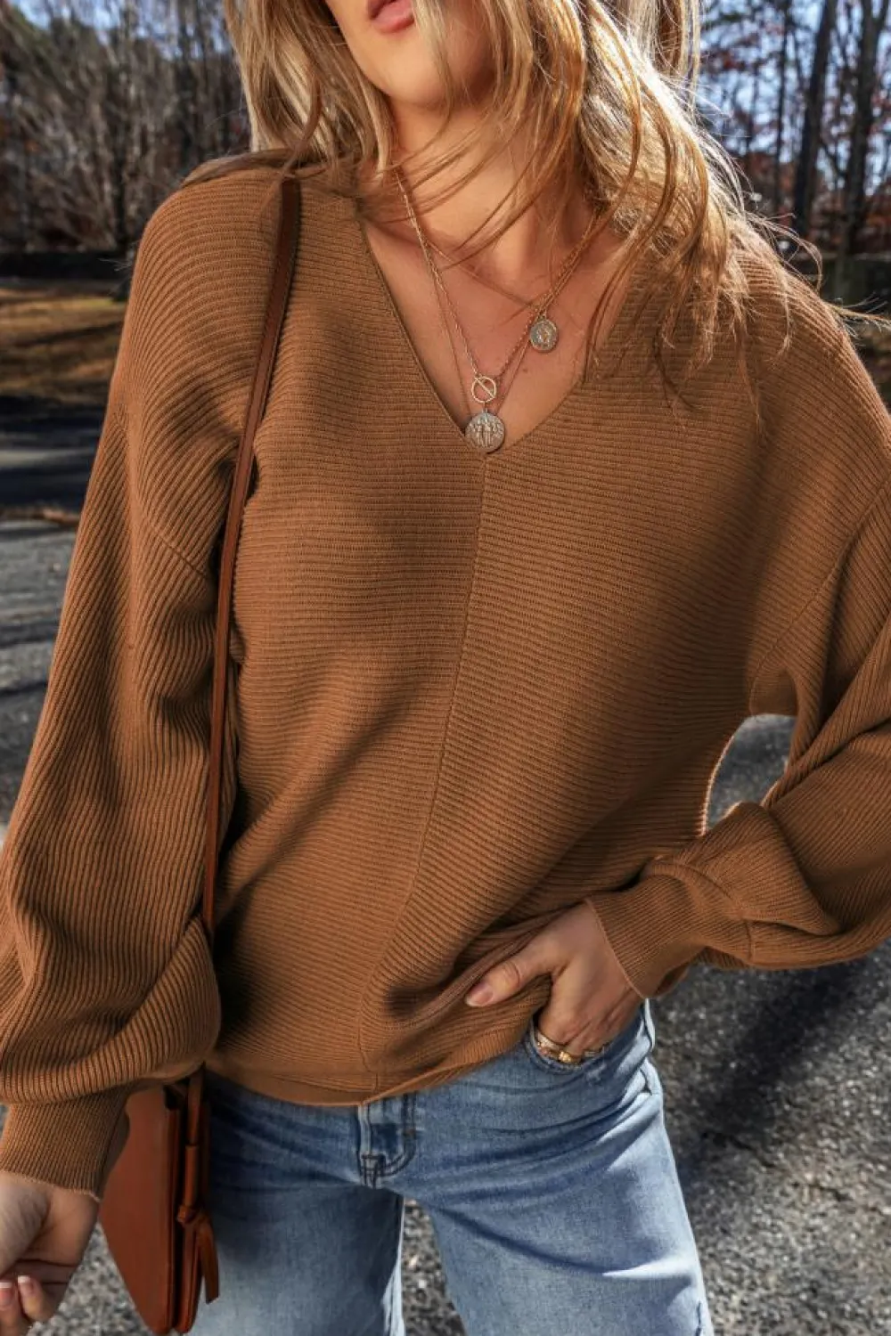Best Dear-Lover Ribbed Knit Drop Sleeve V Neck Loose Fit Sweater Camel