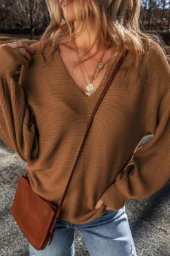 Best Dear-Lover Ribbed Knit Drop Sleeve V Neck Loose Fit Sweater Camel