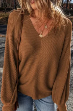 Best Dear-Lover Ribbed Knit Drop Sleeve V Neck Loose Fit Sweater Camel