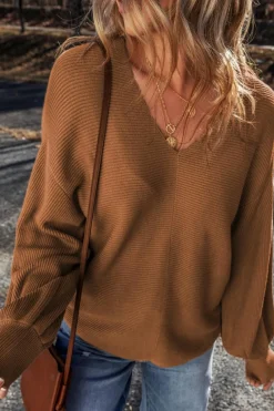 Best Dear-Lover Ribbed Knit Drop Sleeve V Neck Loose Fit Sweater Camel
