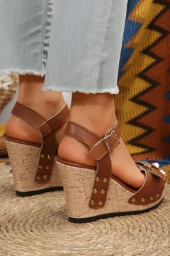 Clearance Dear-Lover Rivet Buckle Closure Wedge Sandals Camel