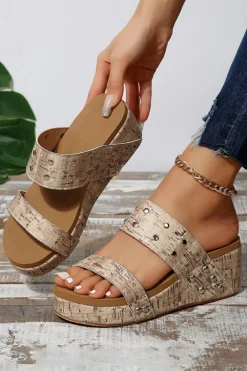 New Dear-Lover Rivet Double Straps Wedge Slippers Camel
