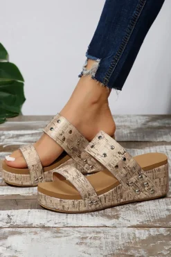 New Dear-Lover Rivet Double Straps Wedge Slippers Camel